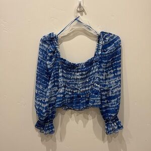Zara New Top Square Neck Crop Smocked Chiffon Flare Sleeve Blue Women’s Size m